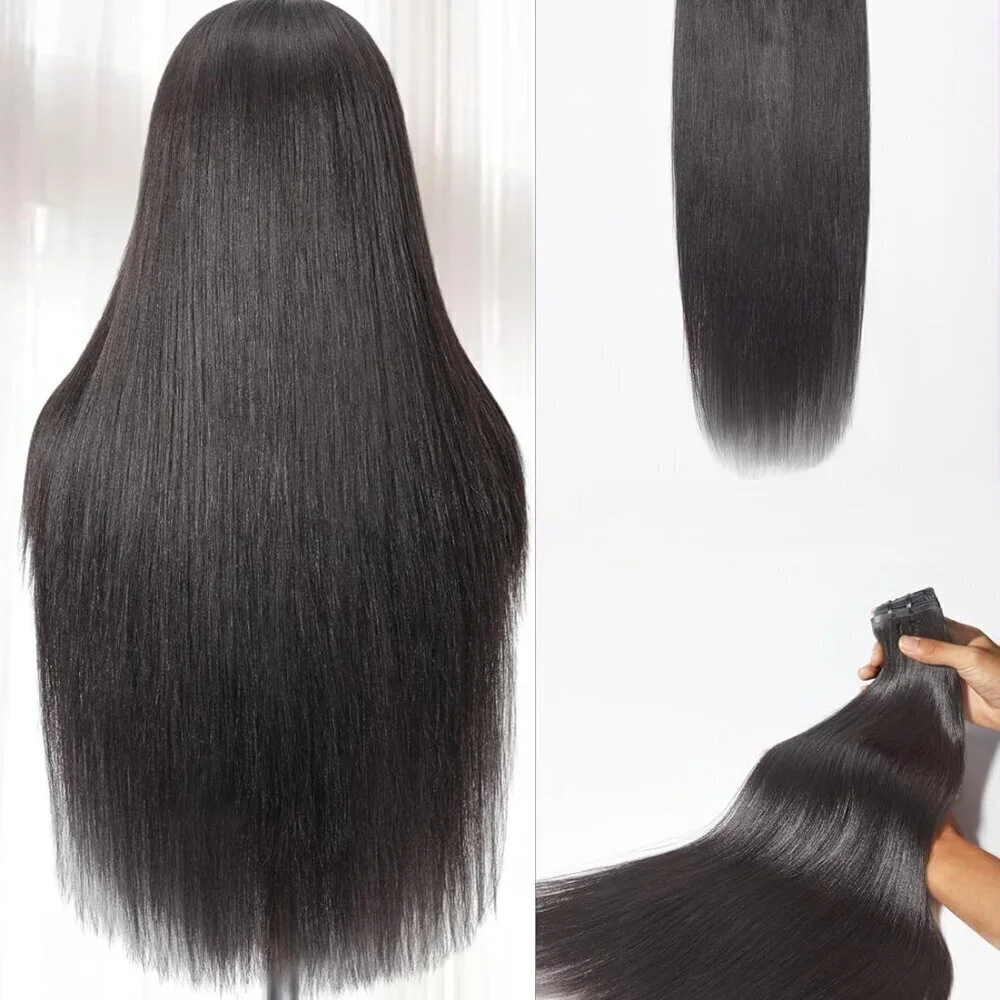 Yaki Straight Clip in Hair Extensions Real Human Hair For Women 100% Unprocessed